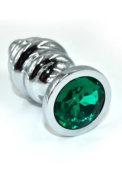 Анальная втулка Kanikule Plugs, металл, размер M, Ø 3,5 см, серебряный/зеленый