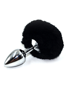 Анальная втулка Kanikule Plugs, металл, S Ø 2,8 см, серебристый с черным заячьим хвостиком